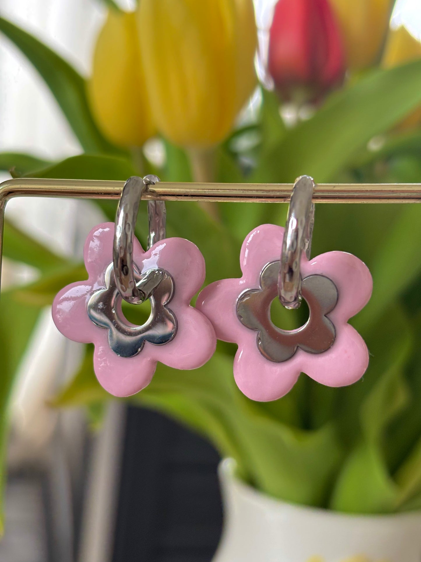 MATHILDE - Rose pâle et fleur acier inoxydable (sans créoles) Argent