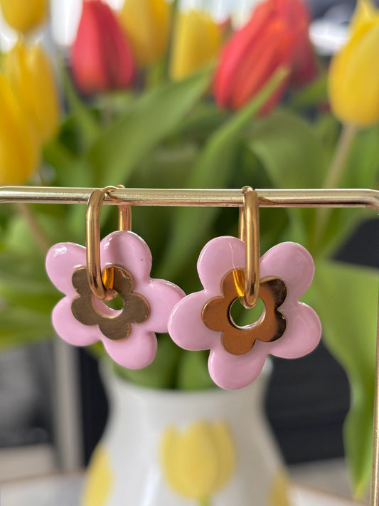 MATHILDE - Rose pâle et fleur acier inoxydable (sans créoles) Or