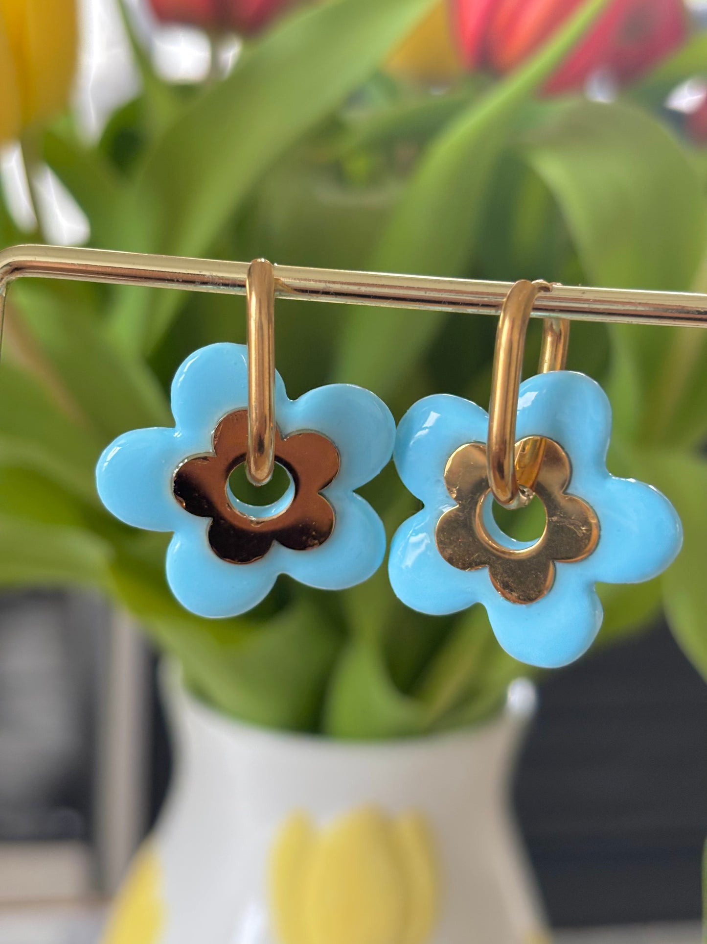 MATHILDE - Bleu pâle et fleur acier inoxydable (sans créoles) Or